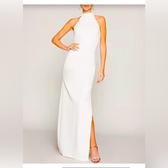 Belle Bartley Mischka Reese halter neck sleeveless crêpe side slit gown - Picture 1 of 4